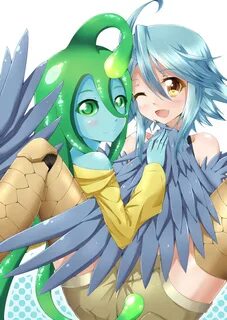 Safebooru - 2girls ahoge blue hair blue skin feathered wings