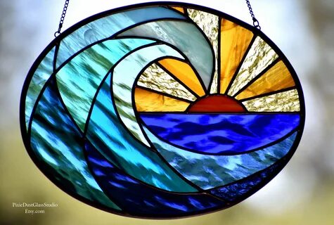 Stained Glass Ocean Wave Suncatcher, Surf's up at Dawn, Oval