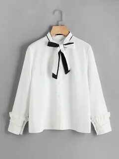 Self Tie Neck Frill Trim Blouse Clothes, Fashion tops blouse