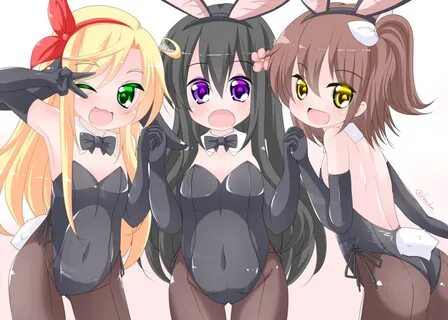 Safebooru - 3girls :d :o ;d animal ears arm up backless outf