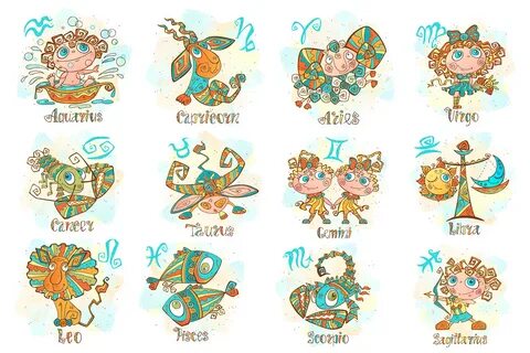 Zodiac signs for children. Horoscope in a cute style on Beha