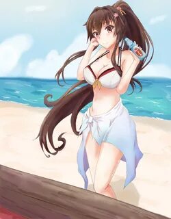 Safebooru - 1girl bikini bottle breasts brown eyes brown hai