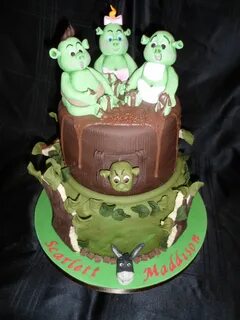 Handmade fondant Shrek babies cake with cookie trees for twi