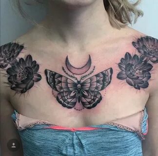 Black and grey, moth and flowers chest tattoo by Taylor Dees