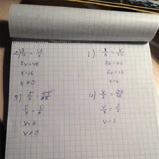 Решение уравнений: 1) 1/6 = x/36 2) 3/4 = 12/x 3) 5/x = 55/6