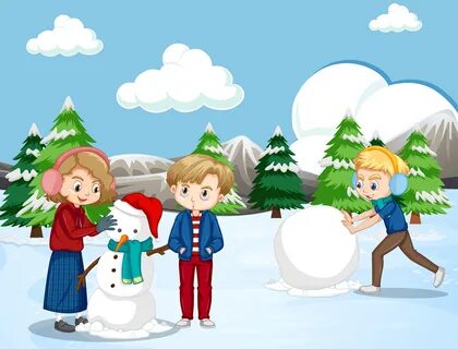 Happy kids making snowman 1178849 Vector Art at Vecteezy