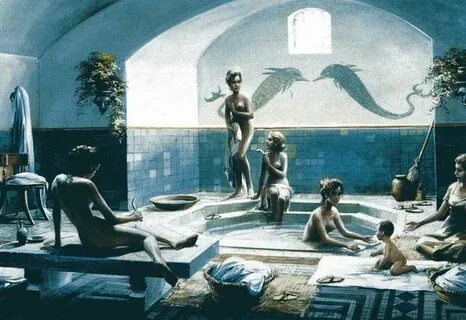 Women in a Roman bath house. Note the strigilis, the mosaics