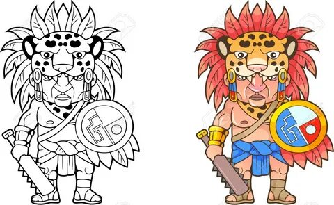 Cartoon Funny Aztec Warrior, Design Coloring Book Клипарты, 