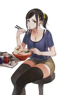 Safebooru - 1girl black hair bowl chopsticks eating food hai