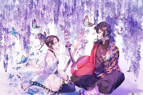 Hashira's Shinobu and Giyu with purple Wisteria and butterfl