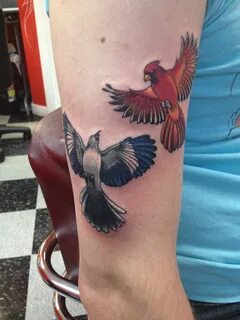Cardinal and mockingbird by Shannon at Shakey's Deluxe Tatto