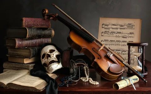 musical notes, Skull, Books, Musical instrument, Violin HD W