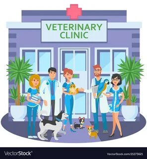 Cartoon group of joyful veterinarians with pets Vector Image