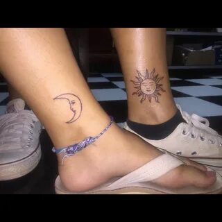 Sun and Moon matching tattoos (inside left leg, just above t