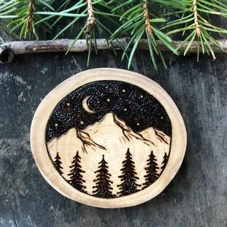 Night Sky Mountains Wooden Magnet. Wood Burned Mountain Scen