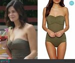 Heather’s green strapless swimsuit on Life in Pieces Straple