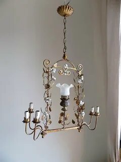 Rare 1920 Italian antique gilt chandelier with white porcela