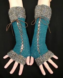 Fingerless Gloves, Long Corset Arm Warmers Handknit in Dark 