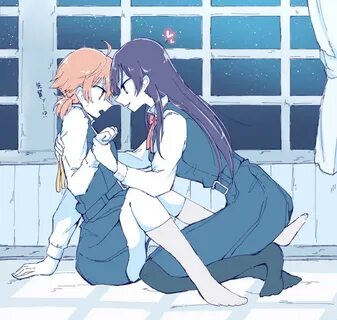 Safebooru - 2girls couple embarrassed eye contact grey eyes 