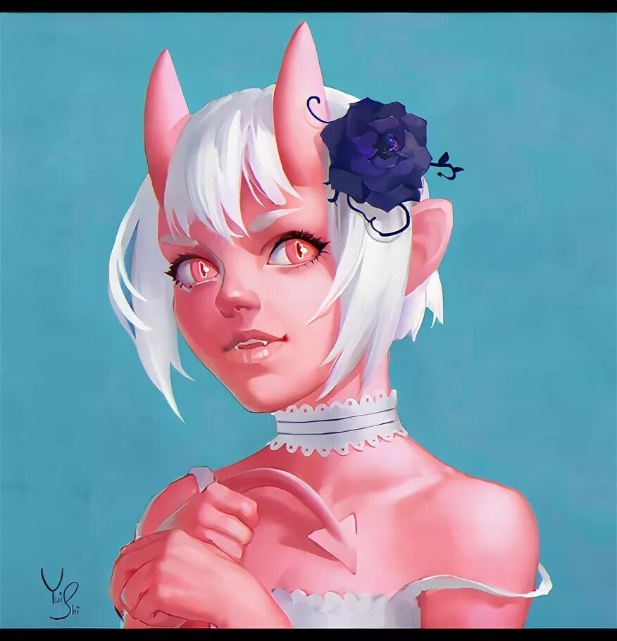Фото Беловолосая девушка - демон с розовой кожей, art by Ner