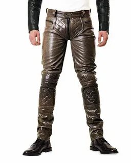 Mens Casual Genuine Brown Leather Pants with Zipper Braune l