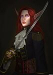 Фэнтези, эльфы, мечи, красные волосы. Картинка размером 877x