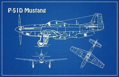 P-51D Mustang - Airplane Blueprint. Drawing Plans Outline fo