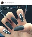Chrome and matte black Nails design with rhinestones, Coffin