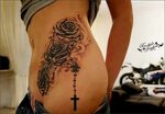 body art Floral thigh tattoos, Crucifix tattoo, Waist tattoo