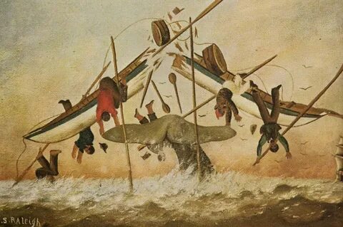 Whale strikes back, 19th century whaling painting by Charles