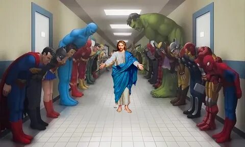 Superheroes Bowing to Jesus Superheroes Bowing Know Your Mem