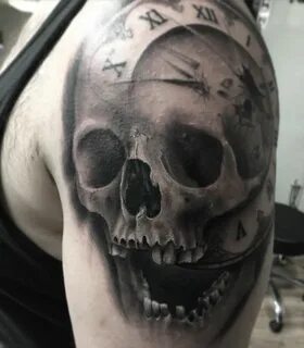 Awesome black and gray black work skull clock tattoo by Cody