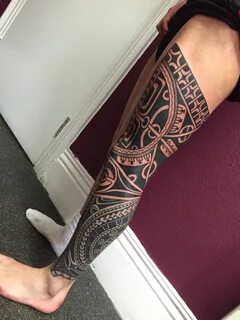 Polynesian leg in progress Higgins Tattoo