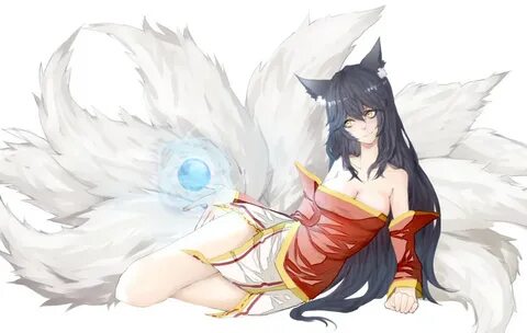 Safebooru - 1girl ahri animal ears bare shoulders black hair