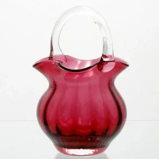 Pilgrim Cranberry Art Glass Basket Ribbed Miniature Crystal 