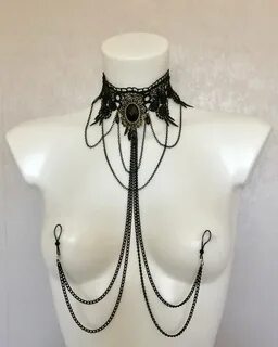 Choker Necklace with nipple chainsnon piercing nipple rings 