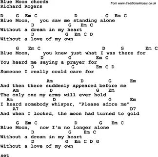 Song Lyrics with guitar chords for Blue Moon - Richard Roger