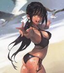 Safebooru - 1girl :d armpits ass bangs beach bikini bird bla