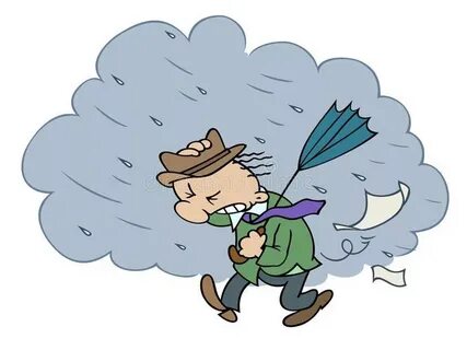 Stormy day. A cartoon character walking in bad stormy weathe