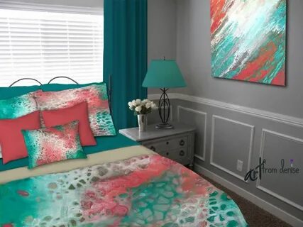 Abstract aqua coral and teal duvet cover, Contemporary twin 