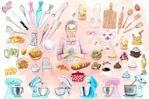 Watercolor Grandma's Kitchen Bundle Utensils Cooking Baking 