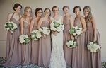 Full-Length Taupe Bridesmaid Dresses and Cabbage Flower Bouq