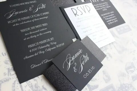 chagne and black wedding invitations - silver on black weddi
