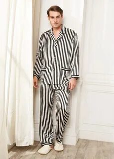 22mm classic men pajamas set with black and white stripes bl