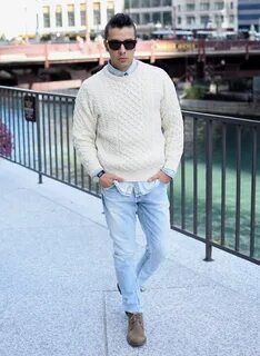 Men's Beige Cable Sweater, Light Blue Denim Shirt, Light Blu