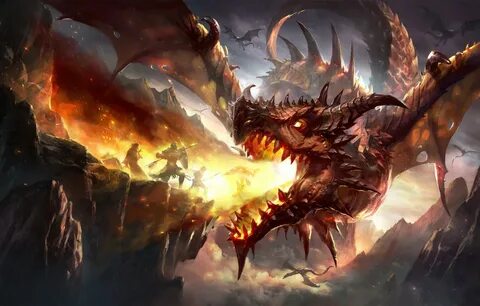 Обои fire, fantasy, Dragon, horns, armor, wings, mountains, 