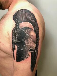 roman spartan helmet black and grey tattoo work by Csaba tat