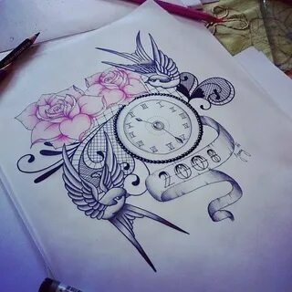 Amazing Clock With Flying Birds And Banner Tattoo Design