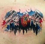 Watercolor colorado mountain tattoo with lettering by Spence