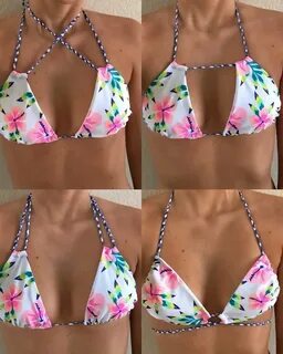 Four different ways to wear a classic triangle bikini top. '